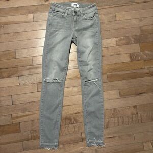 Paige Light Grey Verdugo Ankle Mid-Rise Skinny Jean Raw Hem Ripped Knees